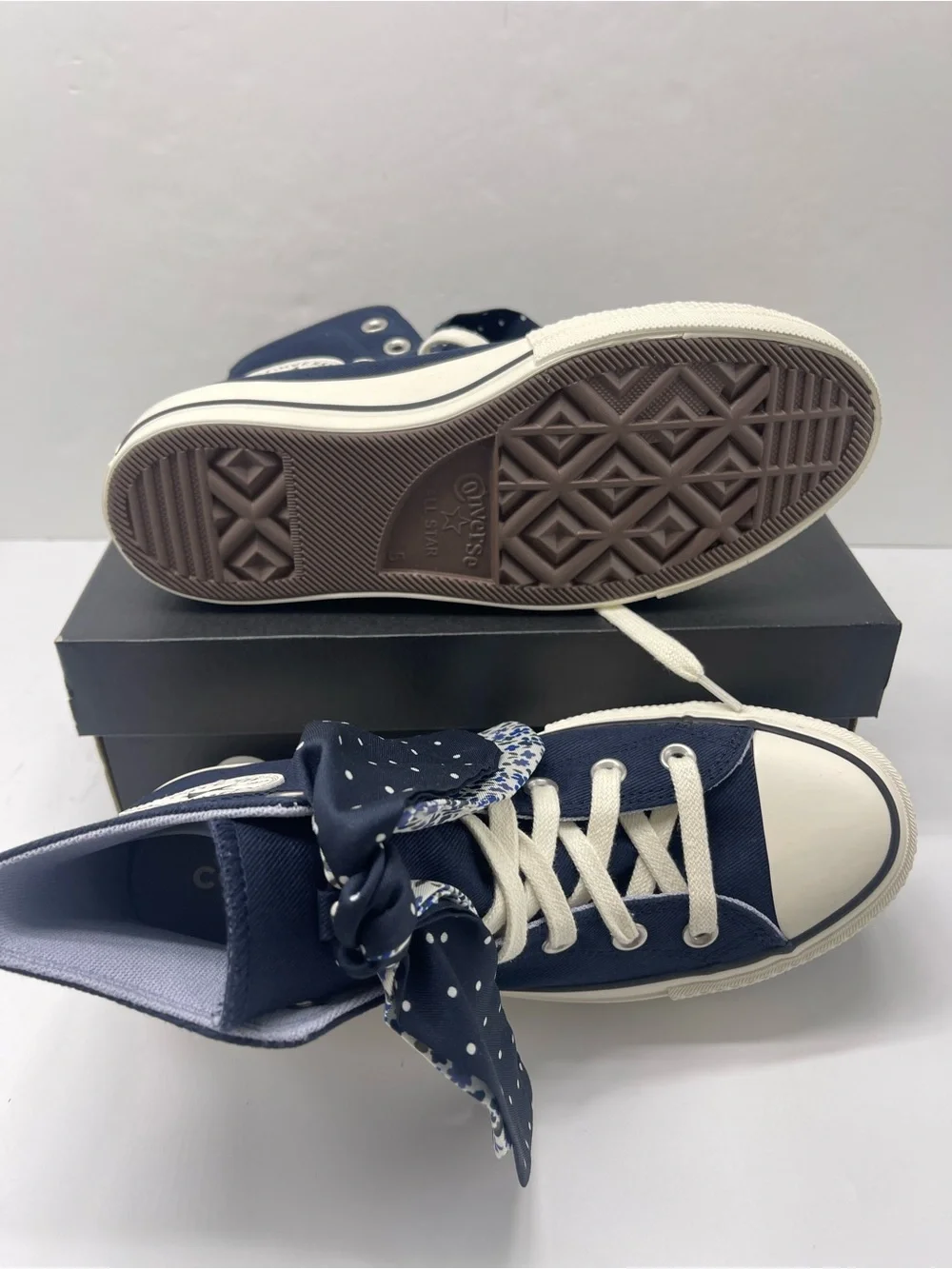 Converse CTAS High Top Platform Sneakers in Navy with Polka-Dot Scarf Laces